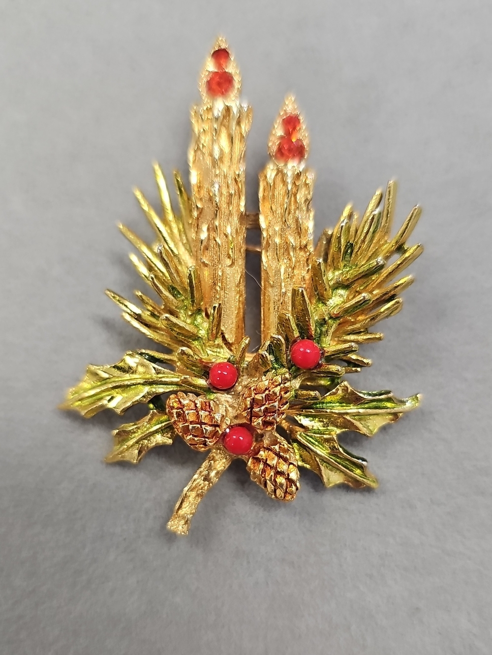 Gold-Tone Holiday Candle Brooch with Red Accents